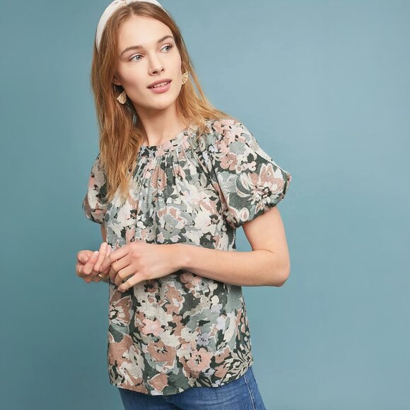 Maeve Tops - Anthropologie Maeve Linen Puff Sleeved Top in Green Floral - XL